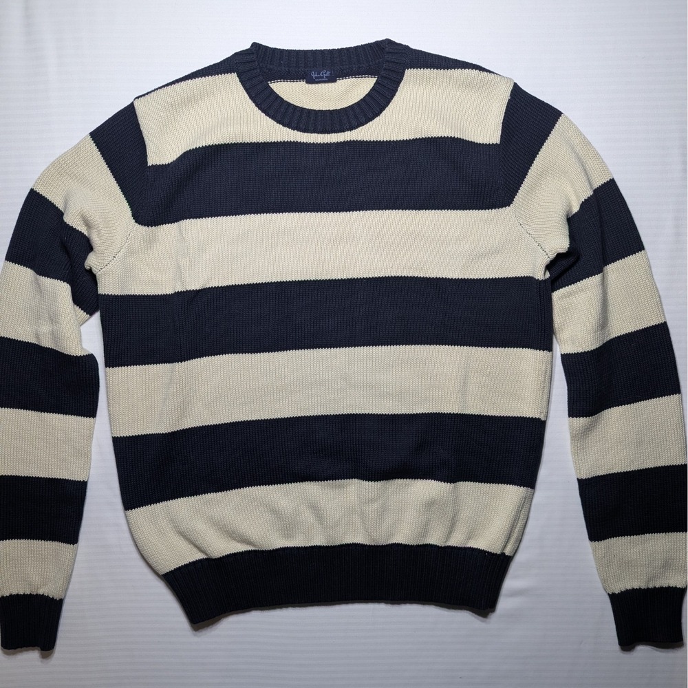 J Galt Striped Knit Sweater Navy Cream Cotton Crewneck Minimal Coastal